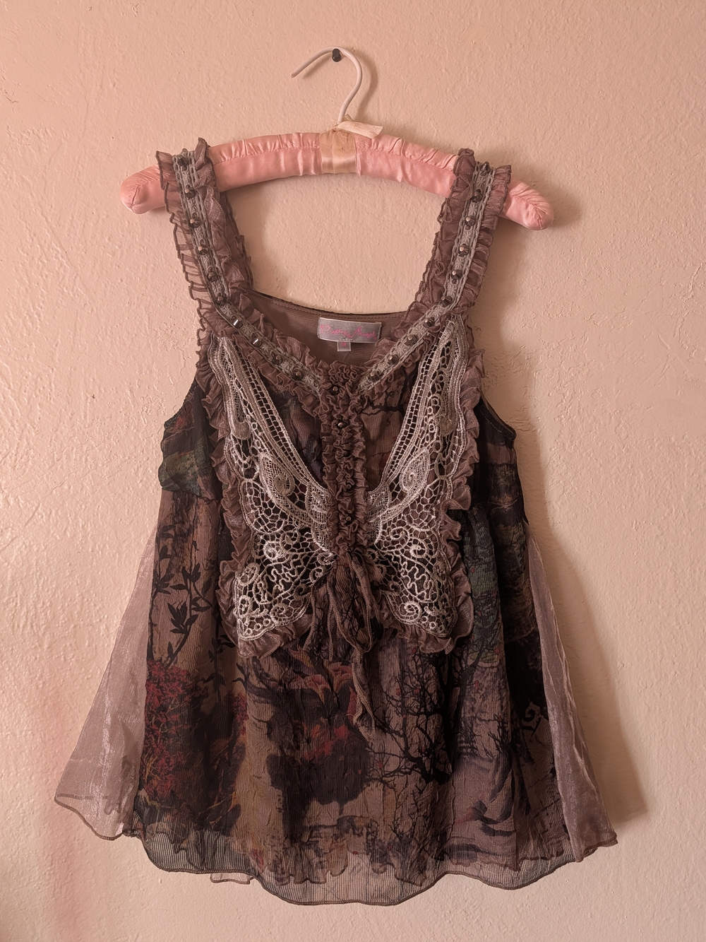 Y2K Pretty Angel Silk Fairycore Whimsigoth Butterfly Lace Ruffle Top M